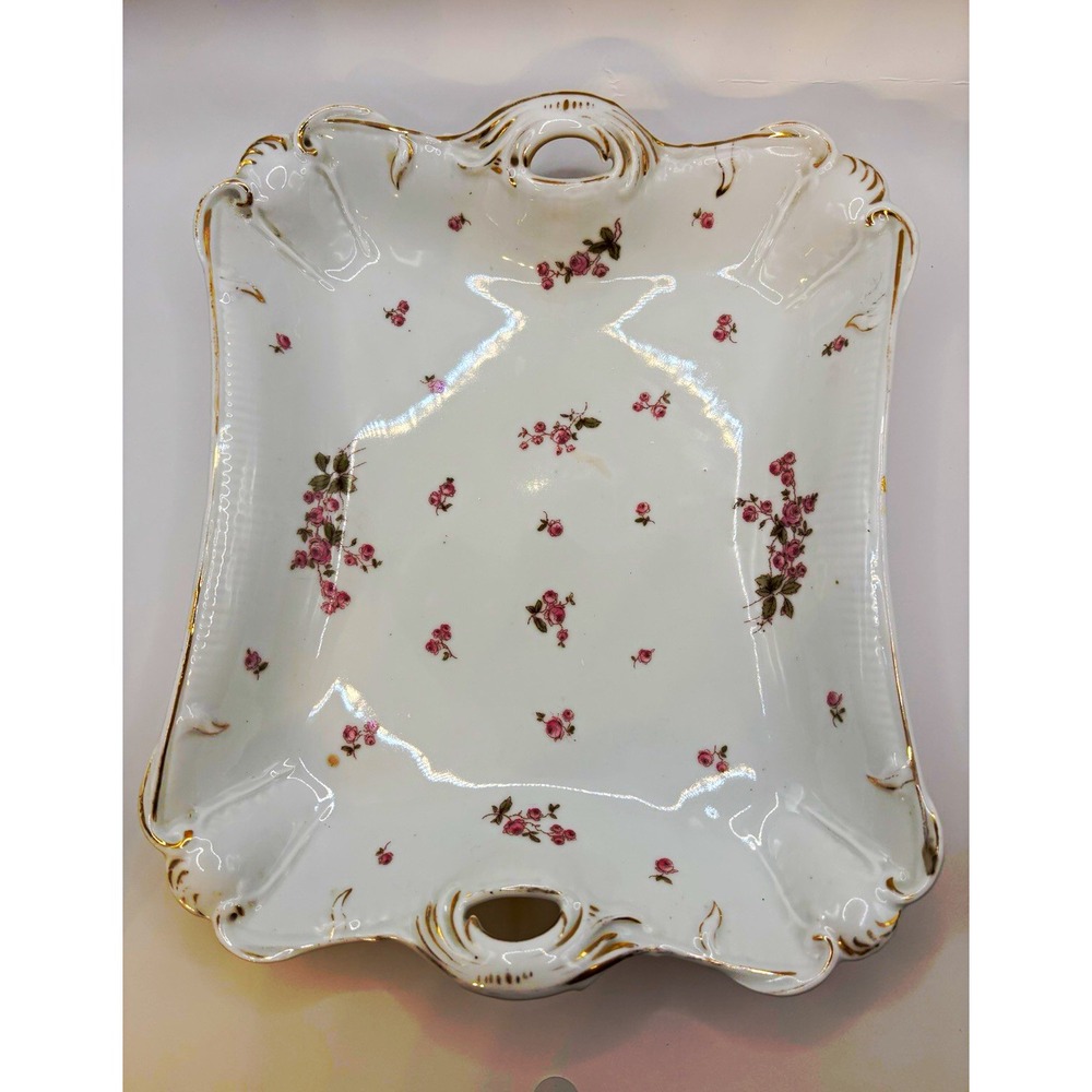Antique Victorian Porcelain Bread Tray Platter Pink Roses Gold Handles 10.75"